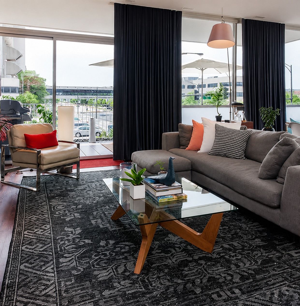 Modern Wicker Park living room blending mid-century warmth with contemporary design