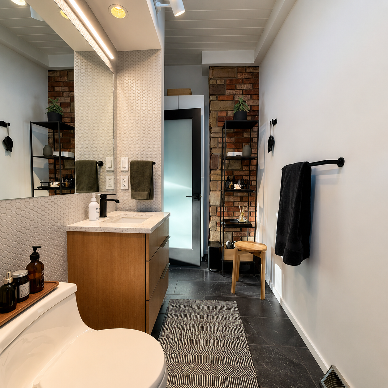A serene, light-filled bathroom featuring warm wood cabinetry, quartz surfaces, sleek black fixtures, and a skylit shower-tub combination. Clean lines, refined materials, and minimalist design create a calming spa-like retreat with contemporary elega