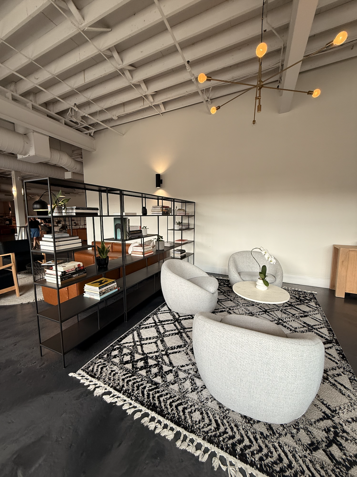 Agency Loft Lounge with Modern Armchairs, Bookshelf, and Patterned Rug