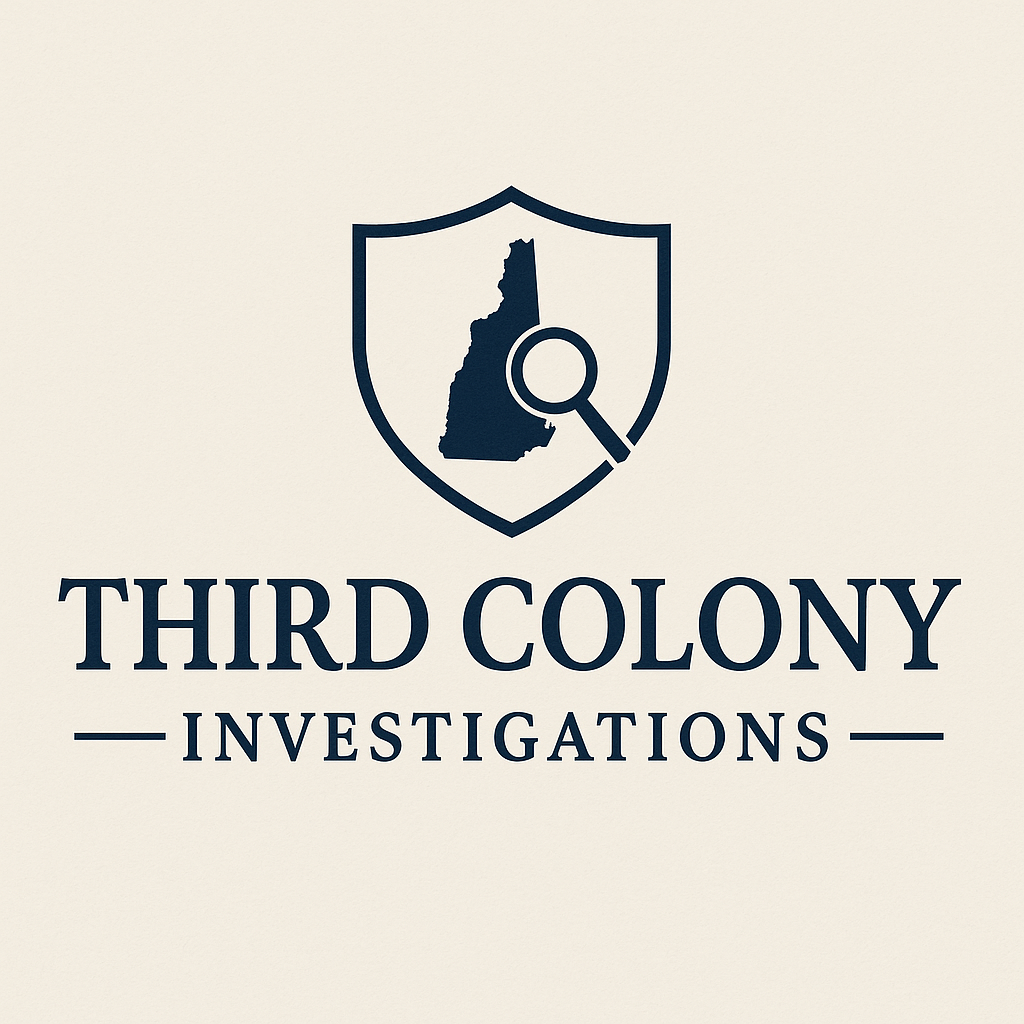 Logo for Third Colony Investigations featuring a shield with a magnifying glass and the outline of a state.