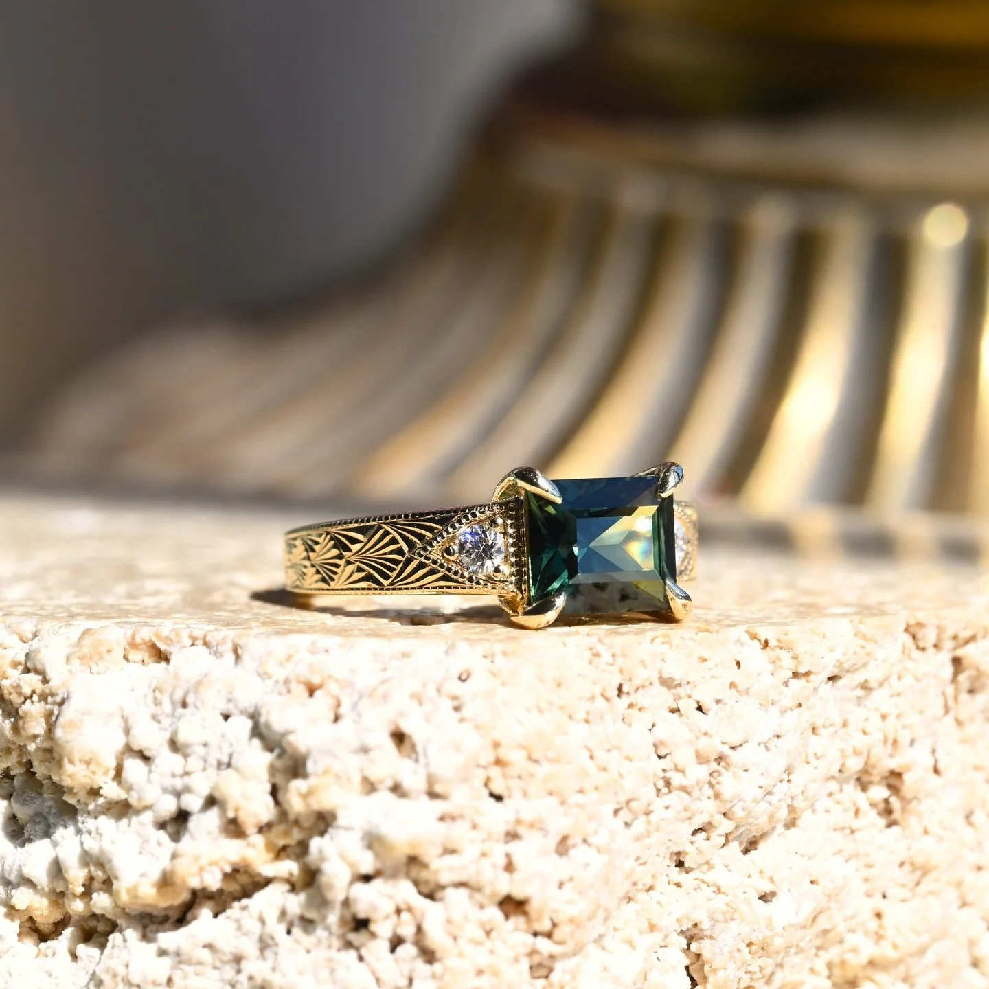 Meet Francis &mdash; A new design is hitting the shop on May 7th. This princess cut Australian sapphire is unreaaaaaaal, it&rsquo;s paired with 2 Canadian diamonds and hand engraved with an art deco fan design. We love the wide band and low profile d