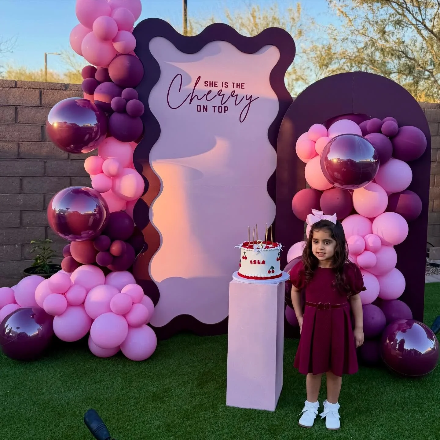 Pretty in pink, sweet as cherries 🍒✨

Sweet birthday moments made extra special with custom backdrops, balloon installs, and statement details. This cherry-inspired setup was all about soft pink tones, bold balloon clusters, and a picture-perfect fo