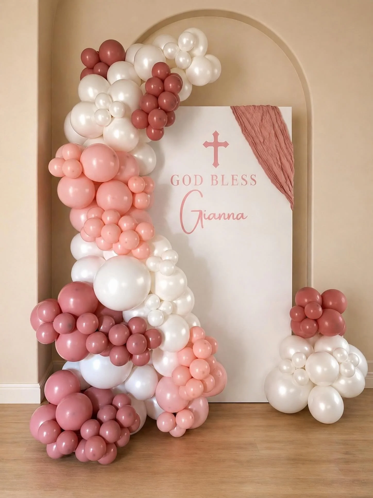 God Bless Gianna 🤍

This custom backdrop was designed to feel soft, timeless, and meaningful, featuring a clean white panel with &ldquo;God Bless Gianna&rdquo; in blush lettering, paired with delicate textured draping for an elevated touch.

We laye