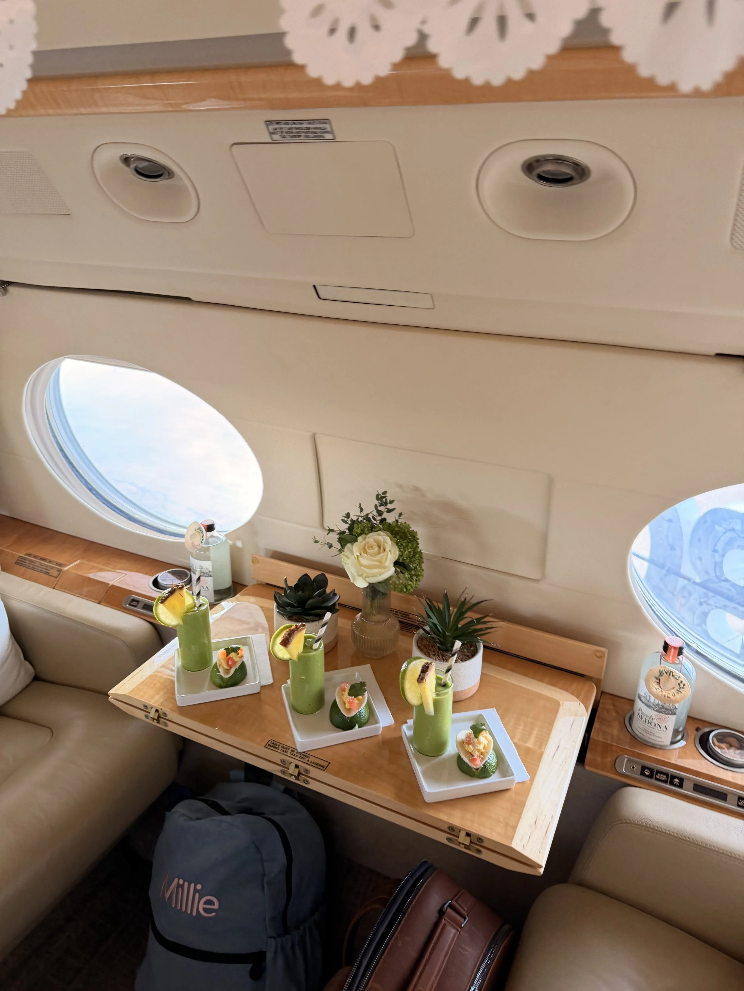 Custom floral and tablescape styling inside a private jet featuring elegant blooms, personalized place settings, and luxury travel details. Designed for VIP experiences, executive travel, destination celebrations, corporate events, and private aviati