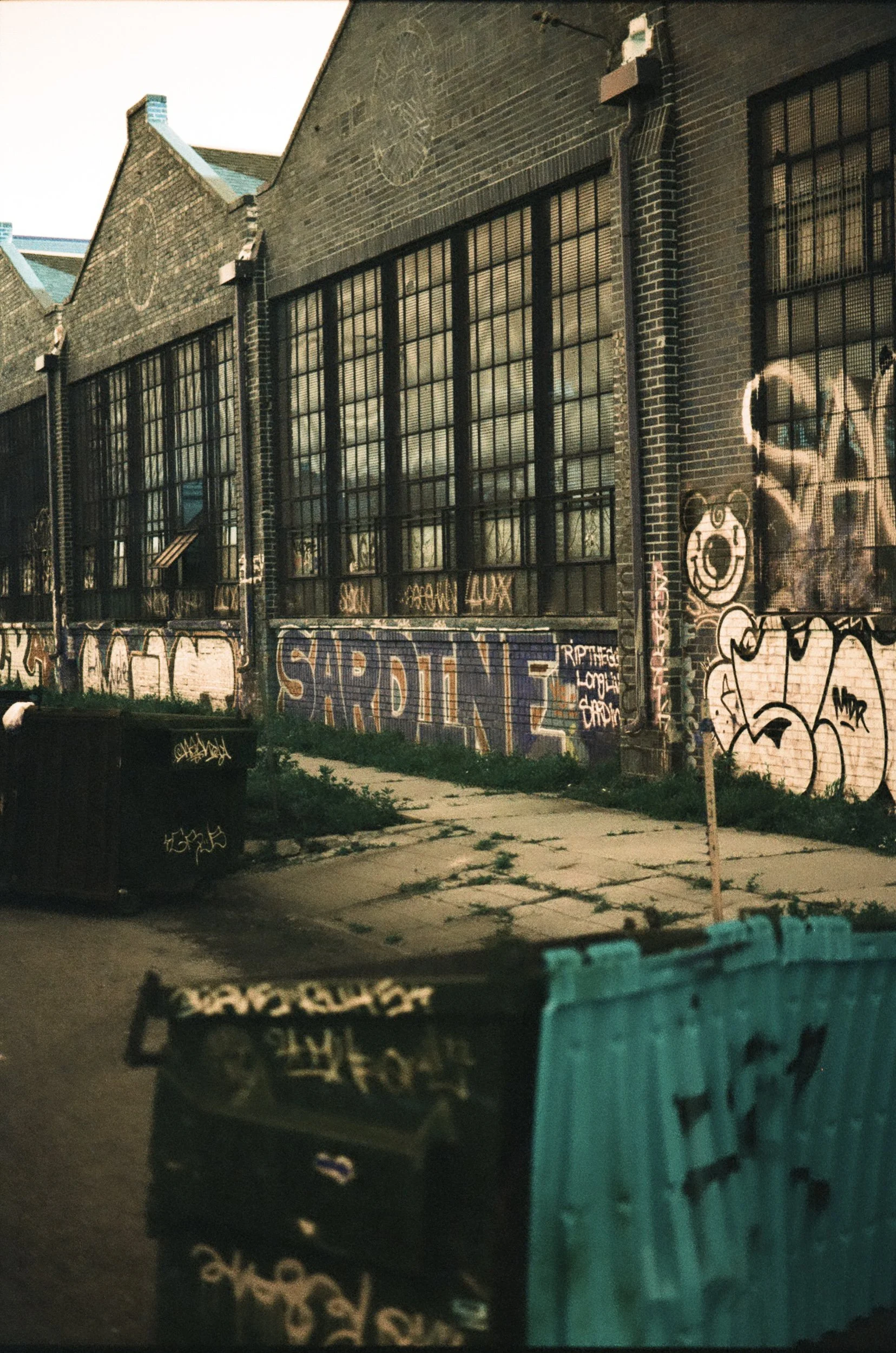 A building with large industrial-style windows, graffiti art and mural paintings, including a smiling cartoon monkey face, on its brick walls, with trash bins in the foreground on a sidewalk.