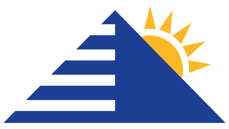 A pyramid with blue steps and a yellow sun in the background.