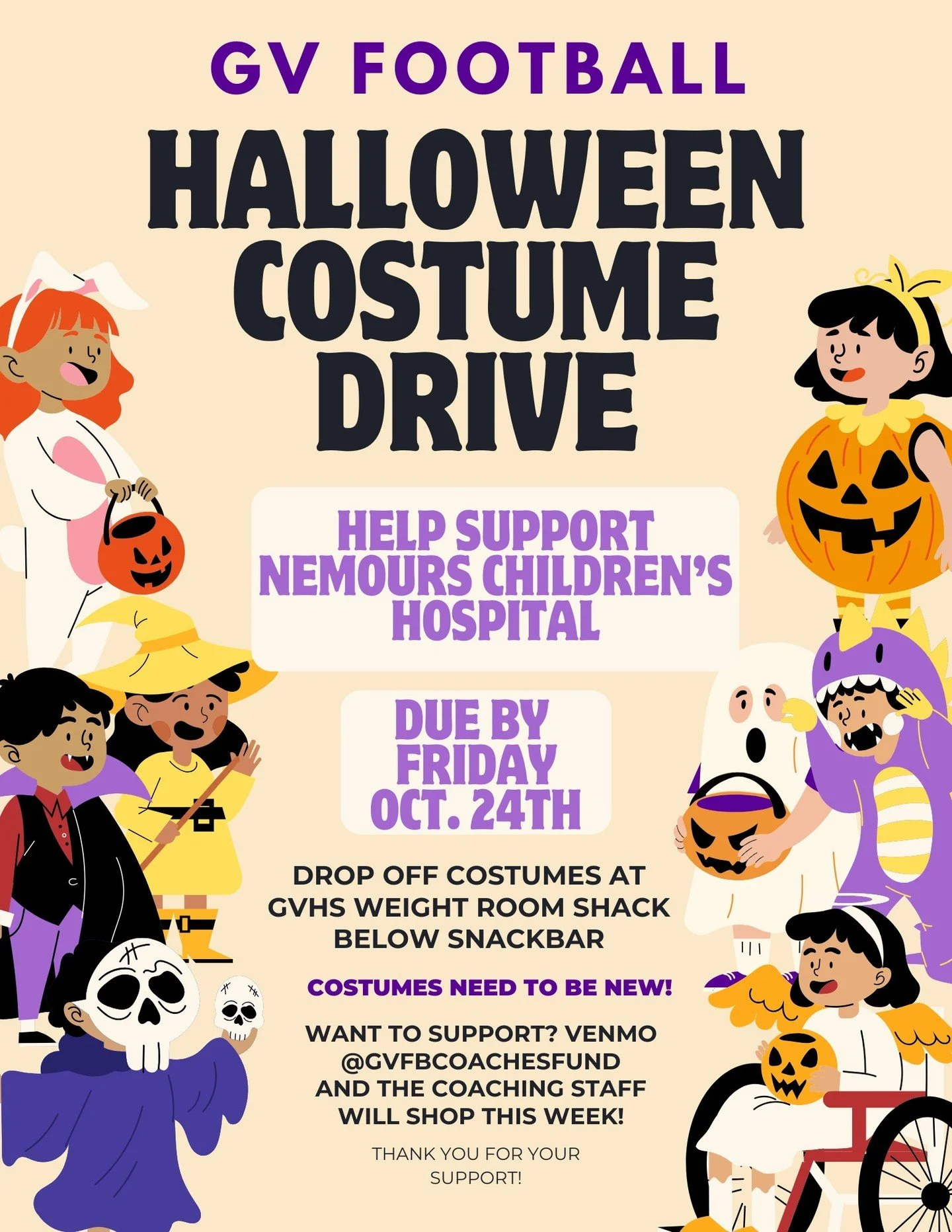 GVFB 4th Annual Halloween Costume Drive will begin this week! Please help us support Nemours Children's Hospital and donate new costumes! Costumes will be collected all week at the GVHS Weight Room Shack in front of the stadium. Due by Friday! If you