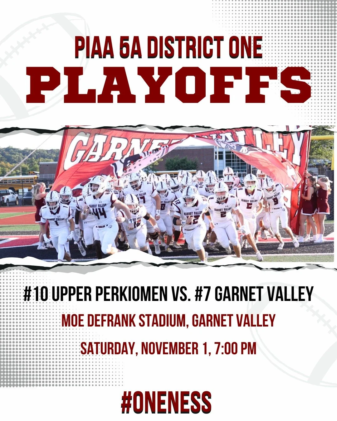 PIAA 5A District 1 Playoffs Update!
The #7 Garnet Valley Jaguars will host the #10 Upper Perkiomen Indians on Saturday, November 1st, at 7:00 PM at Moe DeFrank Stadium!