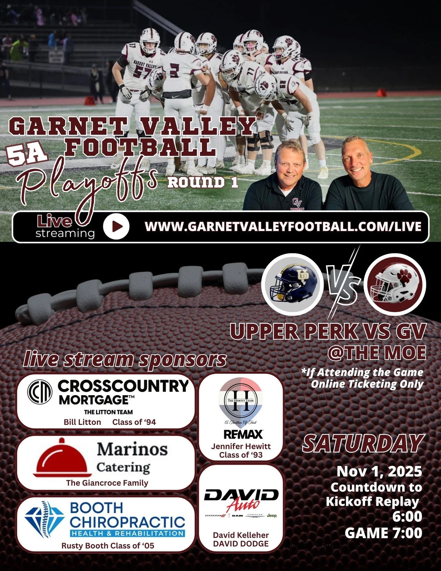 It is a PLAYOFF GAME DAY in GV! The Upper Perkiomen Indians will travel to the Moe to face the Garnet Valley Jaguars at 7 PM Tonight! We hope to see you there! A huge thank you to Booth Chiropractic, David Auto, Marinos Catering, Crosscountry Mortgag