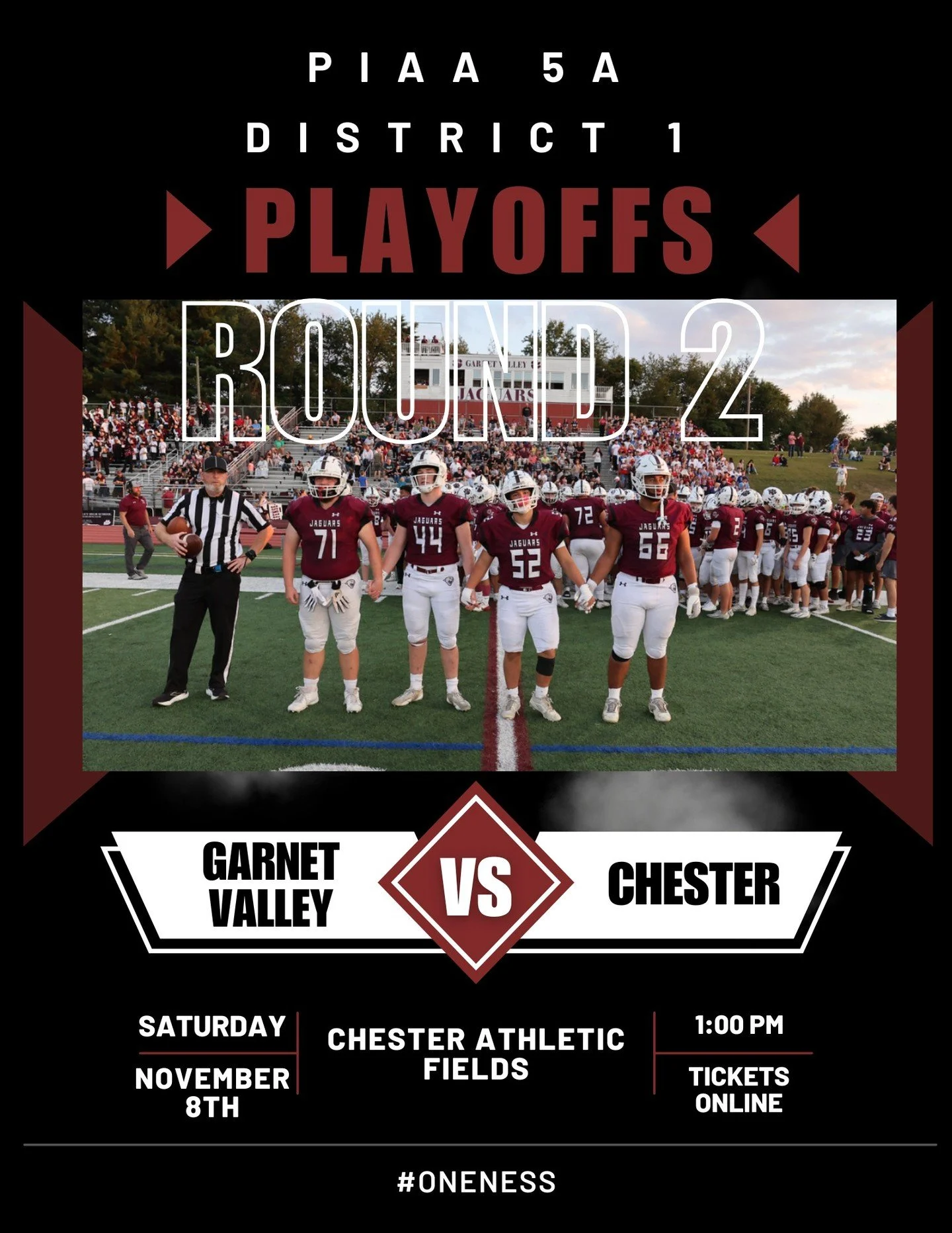 Round 2 of the PIAA District 1 5A Playoffs! The Jags will head to Chester for a Saturday 1:00 PM Game! Online Tickets - https://events.hometownticketing.com/boxoffice/piaad1/L2VtYmVkL2FsbA%3D%3D