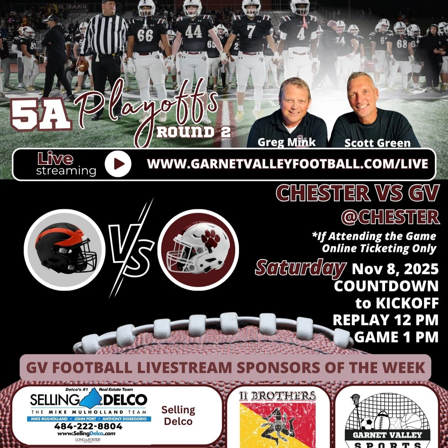 It is PLAYOFF GAME DAY in GV! The Jags will head to Chester to face the Clippers at 1:00 PM! We hope to see you there! A huge thank you to Mike Mulholland Team and Selling Delco, The Picone Family and II Brothers Pizza, Eileen Stec and the Garnet Val