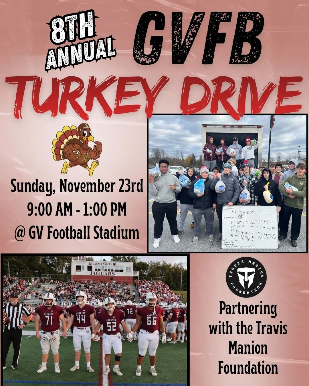The 8th Annual GV Football Turkey Drive will occur on Sunday, November 23rd from 9 AM to 1 PM at the GV Stadium! Please help us make a positive impact in the greater Philadelphia area with the help of @travismanionfoundation @tmfphiladelphiachapter.
