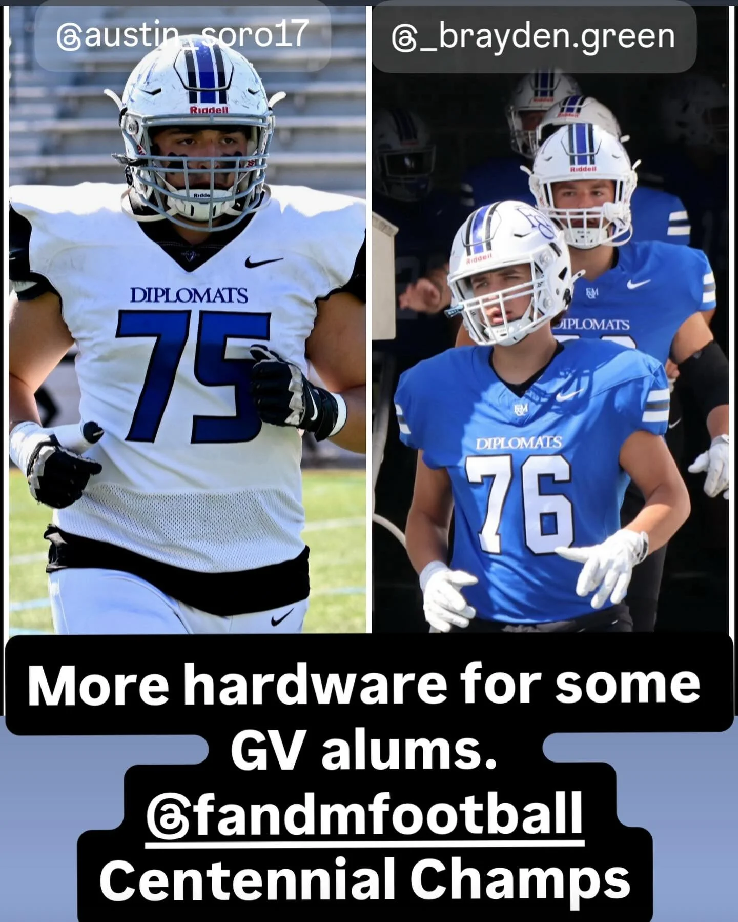 Congratulations to our GV football alums @austin_soro17 and @_brayden.green and their @fandmfootball teammates on winning the Centennial League title.