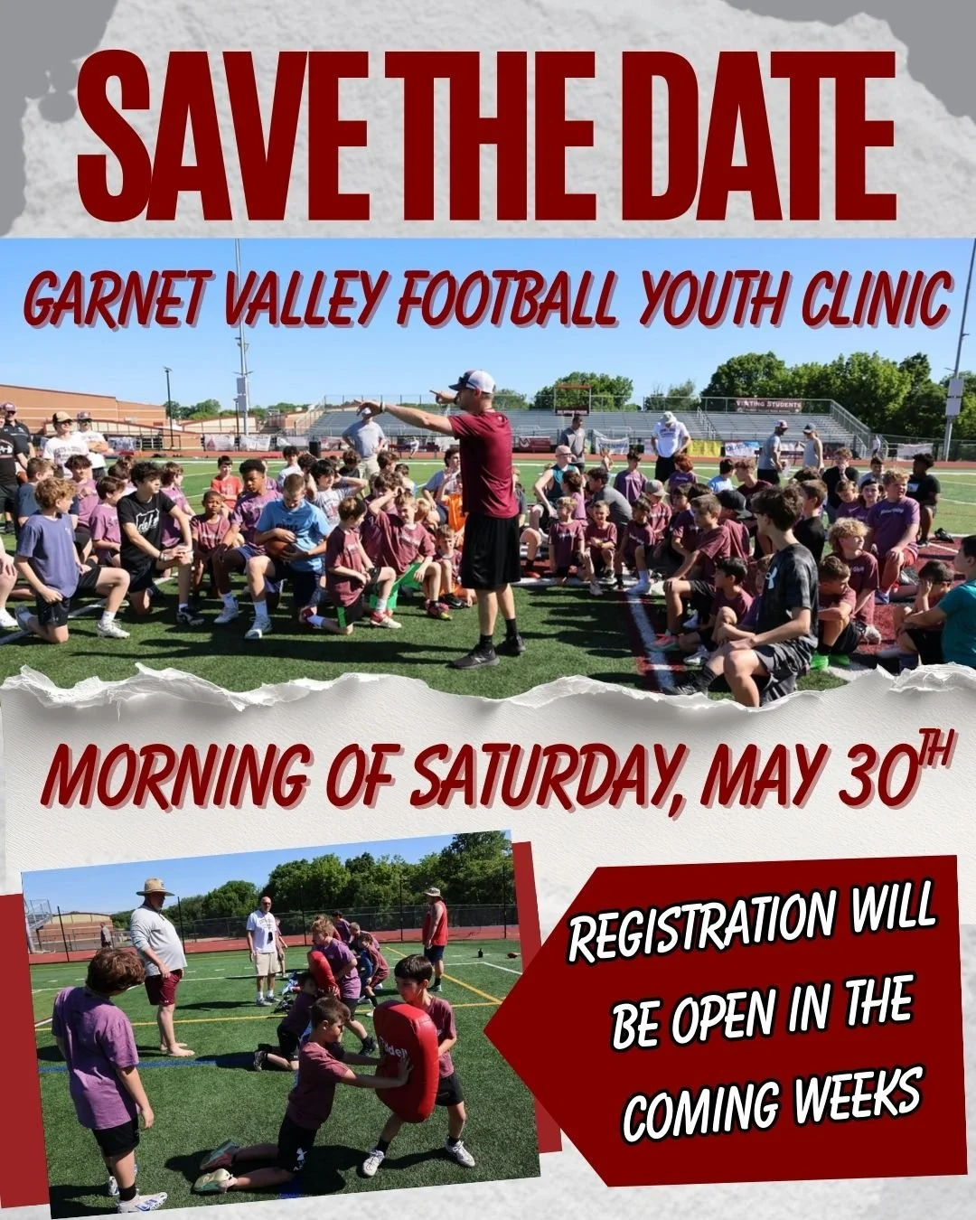 The 4th Annual Garnet Valley Football Youth Clinic will be on the morning of Saturday, May 30th! Save the Date! Registration will open in the coming weeks!