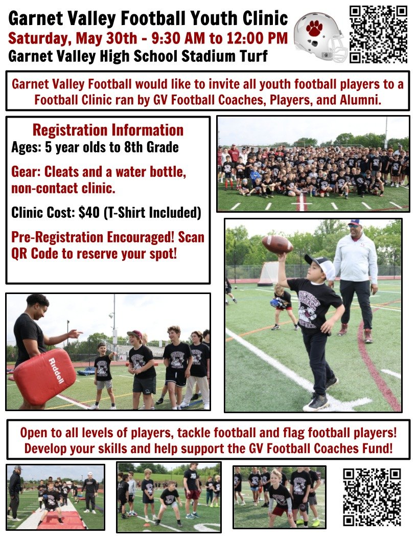 Registration for the 4th Annual Garnet Valley Football Youth Clinic is now available! Saturday, May 30th, 9:30 AM to 12 PM at the Garnet Valley HS Stadium! Register today using the link in our bio!