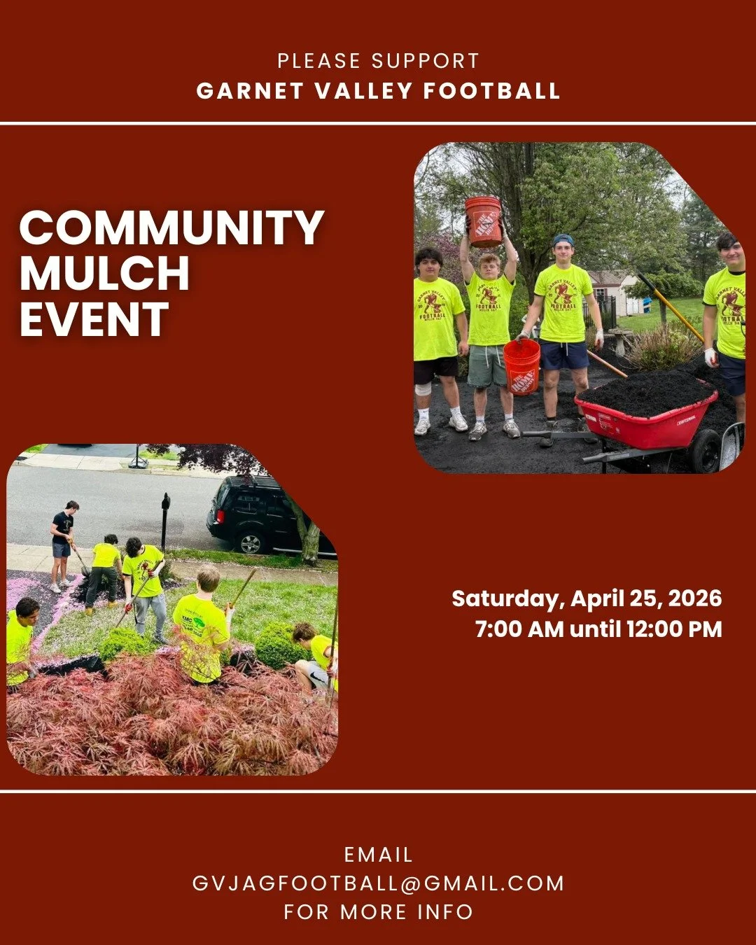 The 3rd Annual Garnet Valley Football Mulching Day will occur on Saturday, April 25th! If you live in the area, want our players to mulch your house, and would like to help our fundraiser, please email gvjagfootball@gmail.com. Spots are limited and f