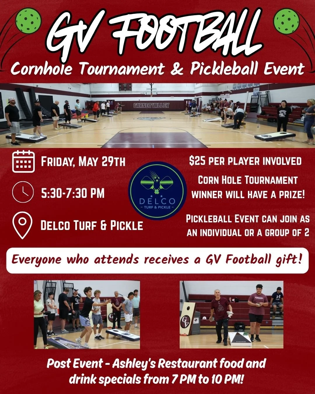 The Garnet Valley Football Corn Hole Tournament now has a new addition and location! The 2026 GV Football Corn Hole Tourney / Pickleball Event Registration is now open! We are excited to have our events this year at Delco Turf and Pickle! 
Sign Up To
