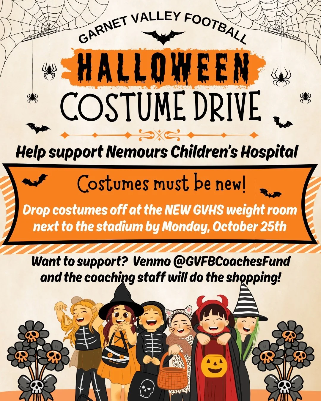 GVFB 5th Annual Halloween Costume Drive has officially begun! Please help us support Nemours Children's Hospital and donate new costumes! Costumes will be collected over the next two weeks at the NEW GVHS Weight Room next to the stadium. Due by Monda
