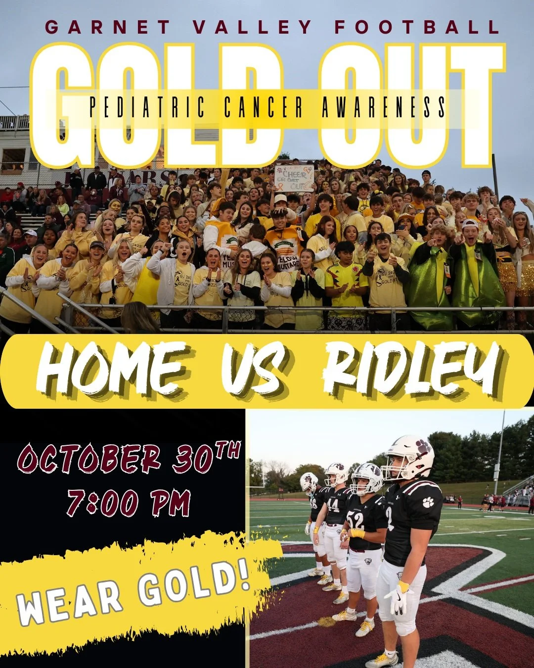 Friday Night at the Moe is going to be a special one! The Ridley Raiders will head to town for a huge Central League Matchup! 3 Special Events occurring! Pediatric Cancer Awareness GOLD OUT Game! Middle School Night! 1976 and 2006 GVFB Team Celebrati