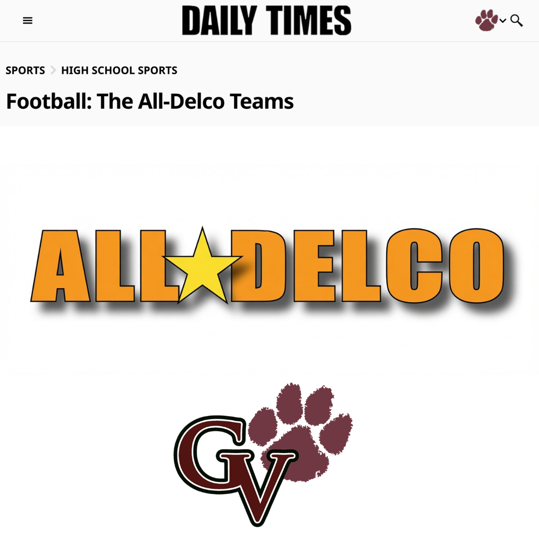 Screenshot of a sports news webpage titled "Football: The All-Delco Teams" from the Daily Times. The page features the All-Delco logo with bold orange letters, a yellow star inside the letter "A," and a maroon paw print with the initials "GV" below i