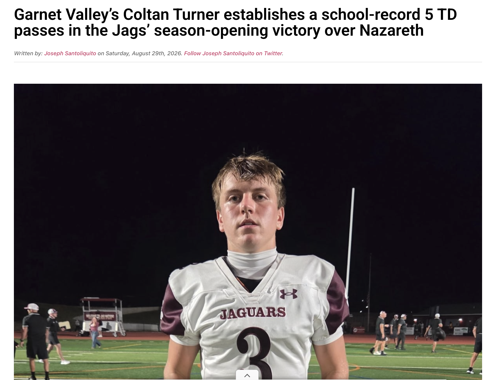 Garnet Valley’s Coltan Turner establishes a school-record 5 TD passes in the Jags’ season-opening victory over Nazareth