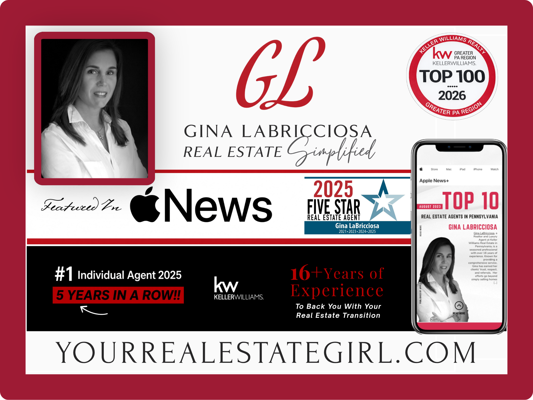 A promotional graphic for Gina LaBriciosa, a real estate agent, featuring her black and white portrait, her name, and accolades. It highlights her as a top 100 real estate agent in 2026 and a five-star agent with 16+ years of experience. The graphic includes logos of Keller Williams and Apple News, and a URL to her real estate website.