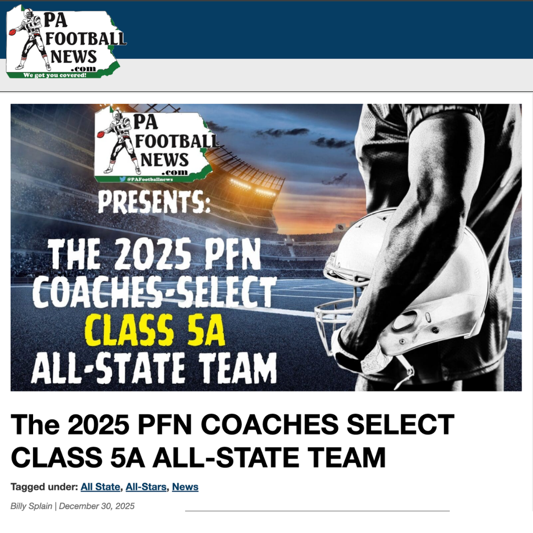 Promotion for the 2025 Pennsylvania Football News (PFN) coaches select Class 5A all-state team, featuring a football stadium background, a coach holding a football helmet, and the PFN logo.