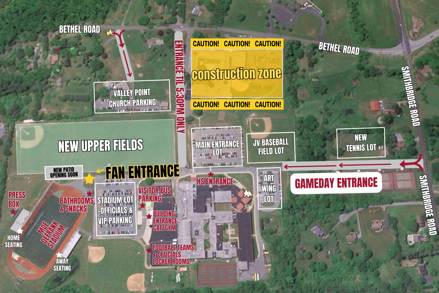Satellite view of Moe DeFrank Stadium, an outdoor athletic stadium with a football field, located near Garnet Valley High School. Nearby are a parking lot, a baseball diamond, and surrounding residential neighborhood.
