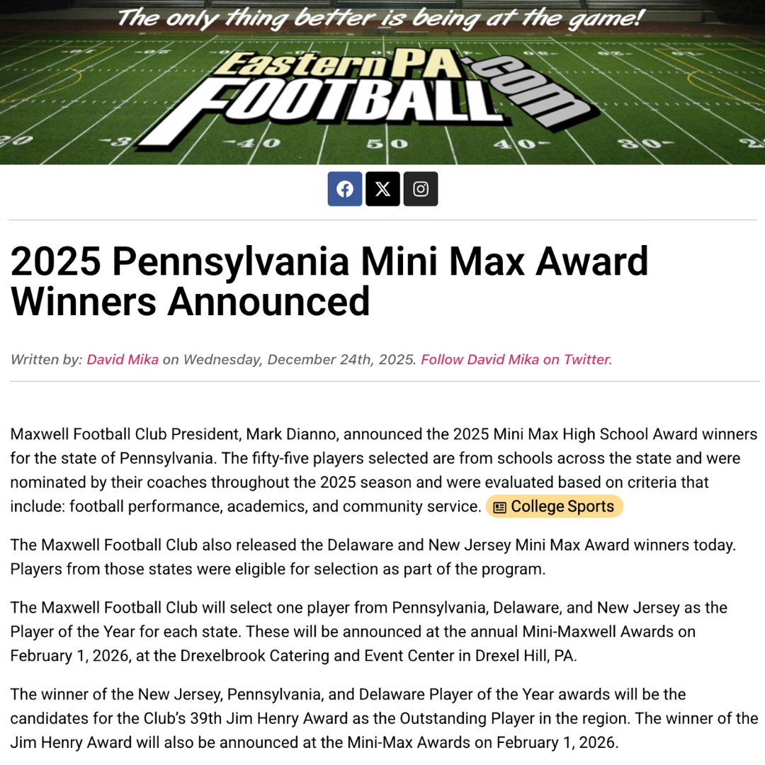 Newsletter headline announcing the winners of the 2025 Pennsylvania Mini Max Football Award, with a background of a football field and logo reading 'Eastern PA Football'.