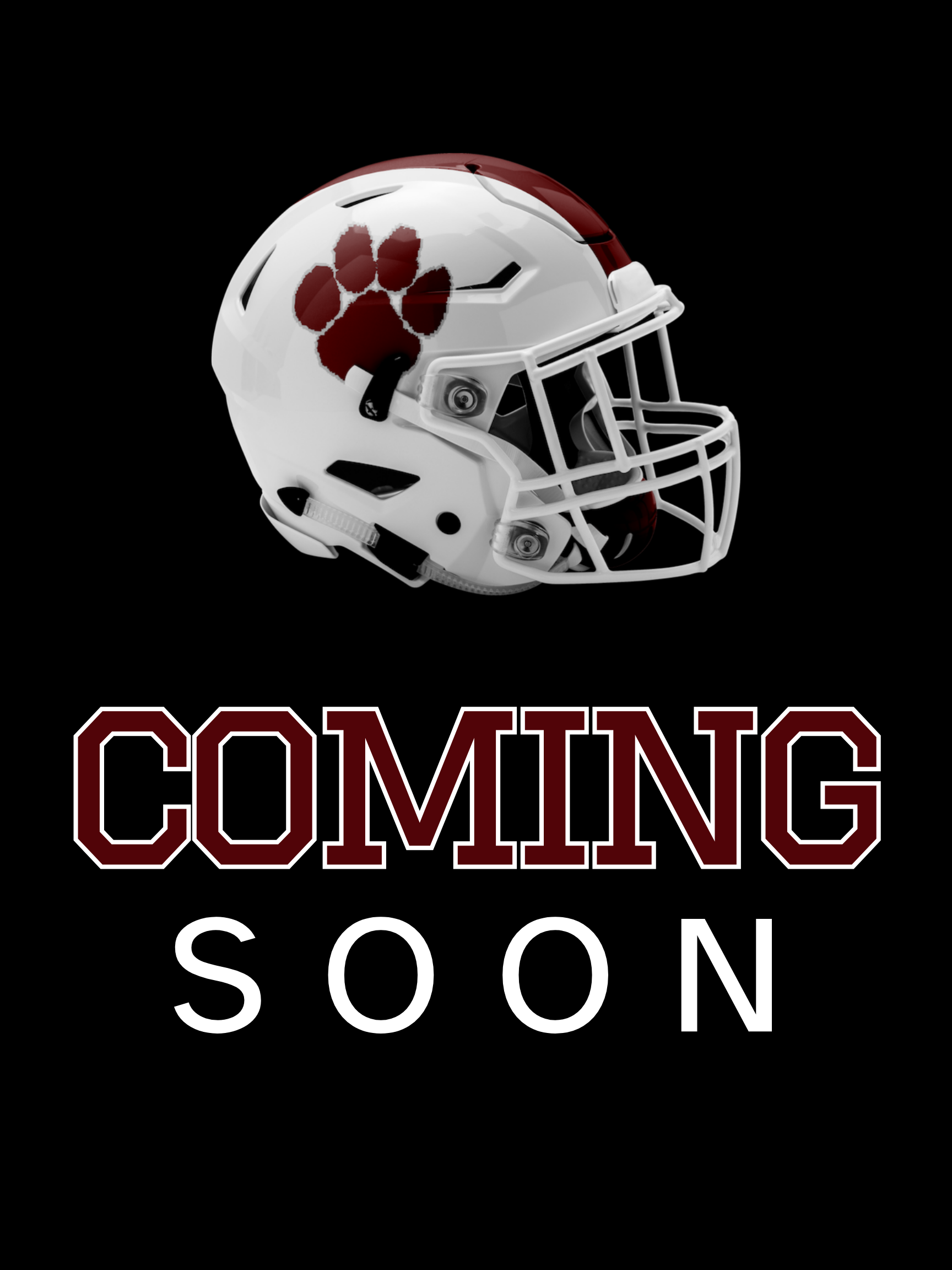 A sports helmet with a paw print logo and the text 'Coming Soon' underneath, indicating upcoming team or sports event.