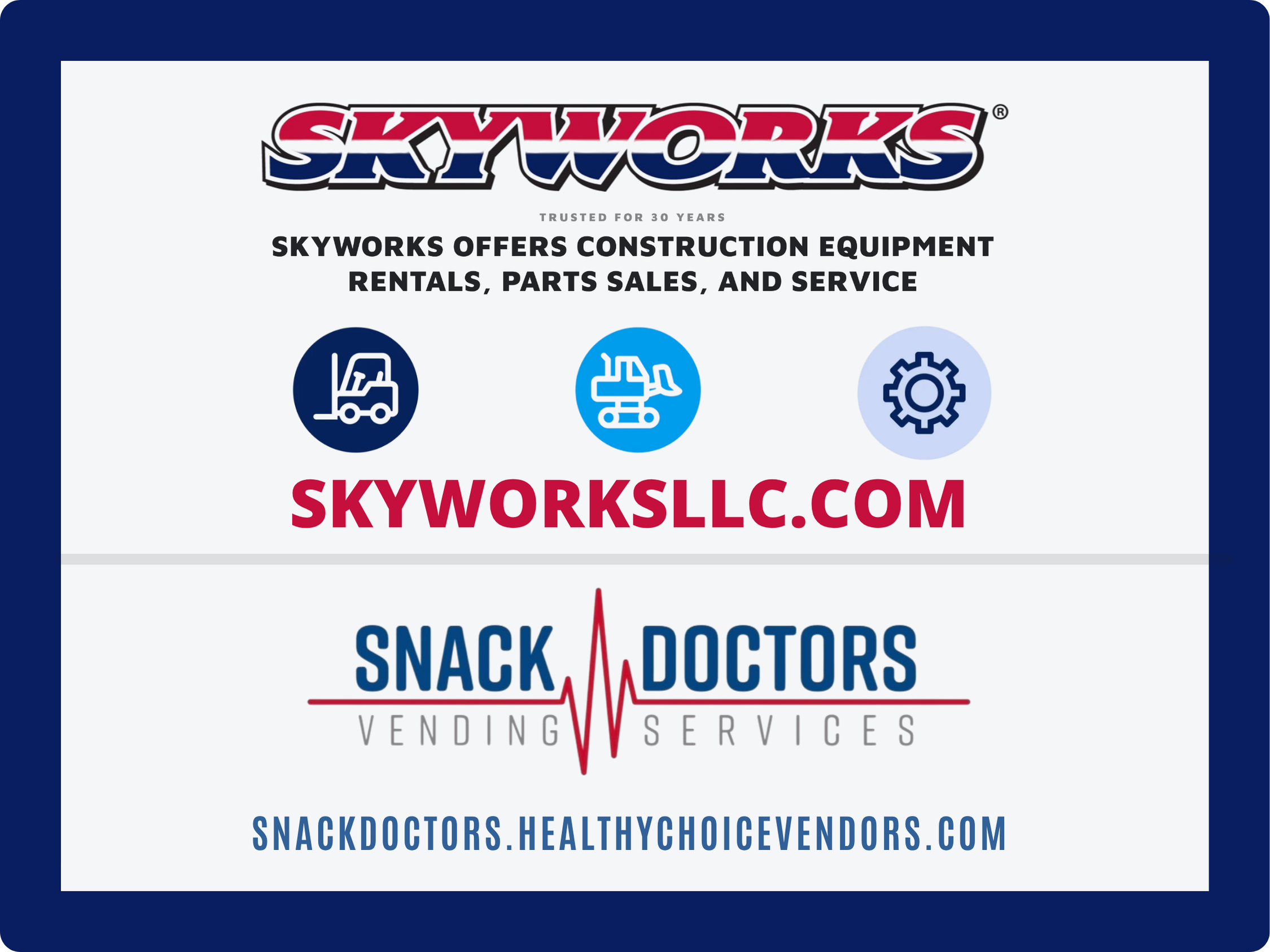 Sign for Skyworks offering construction equipment rentals, parts sales, and service with website URL.