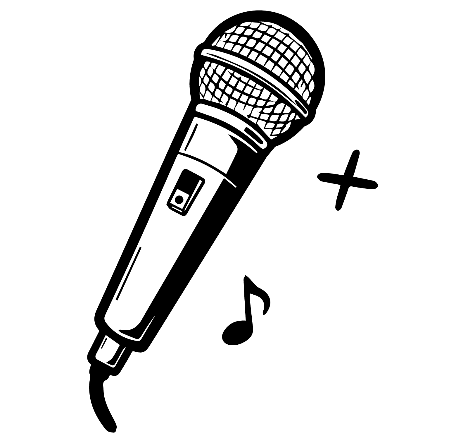 Black and white illustration of a microphone with musical notes and plus signs around it.