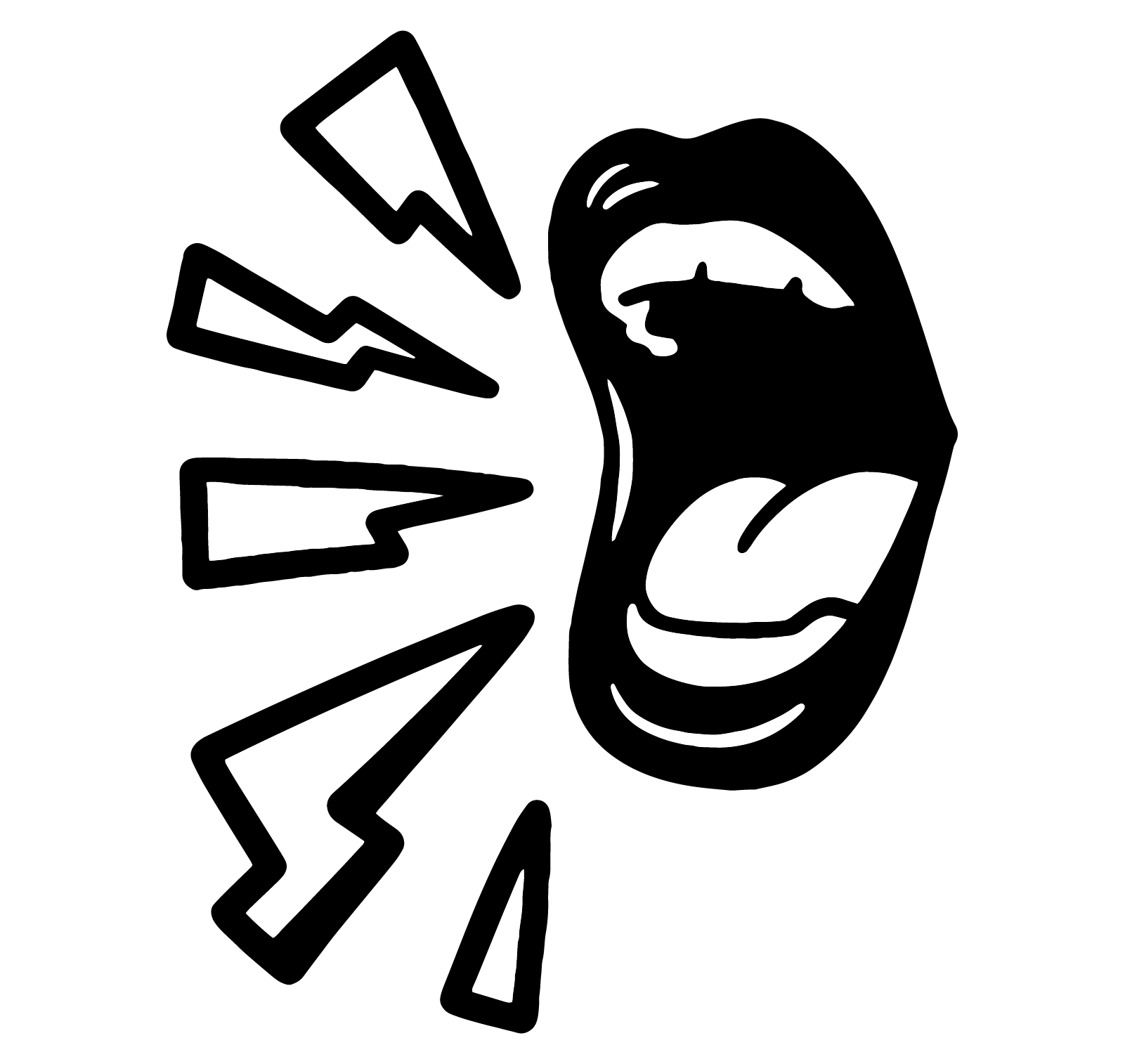 A black and white digital illustration of a screaming mouth with stylized lightning bolts around it.