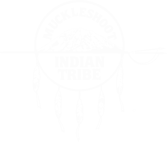 White logo that says "Muckleshoot Indian Tribe" within a dreamcatcher featuring mount Tahoma in the background.