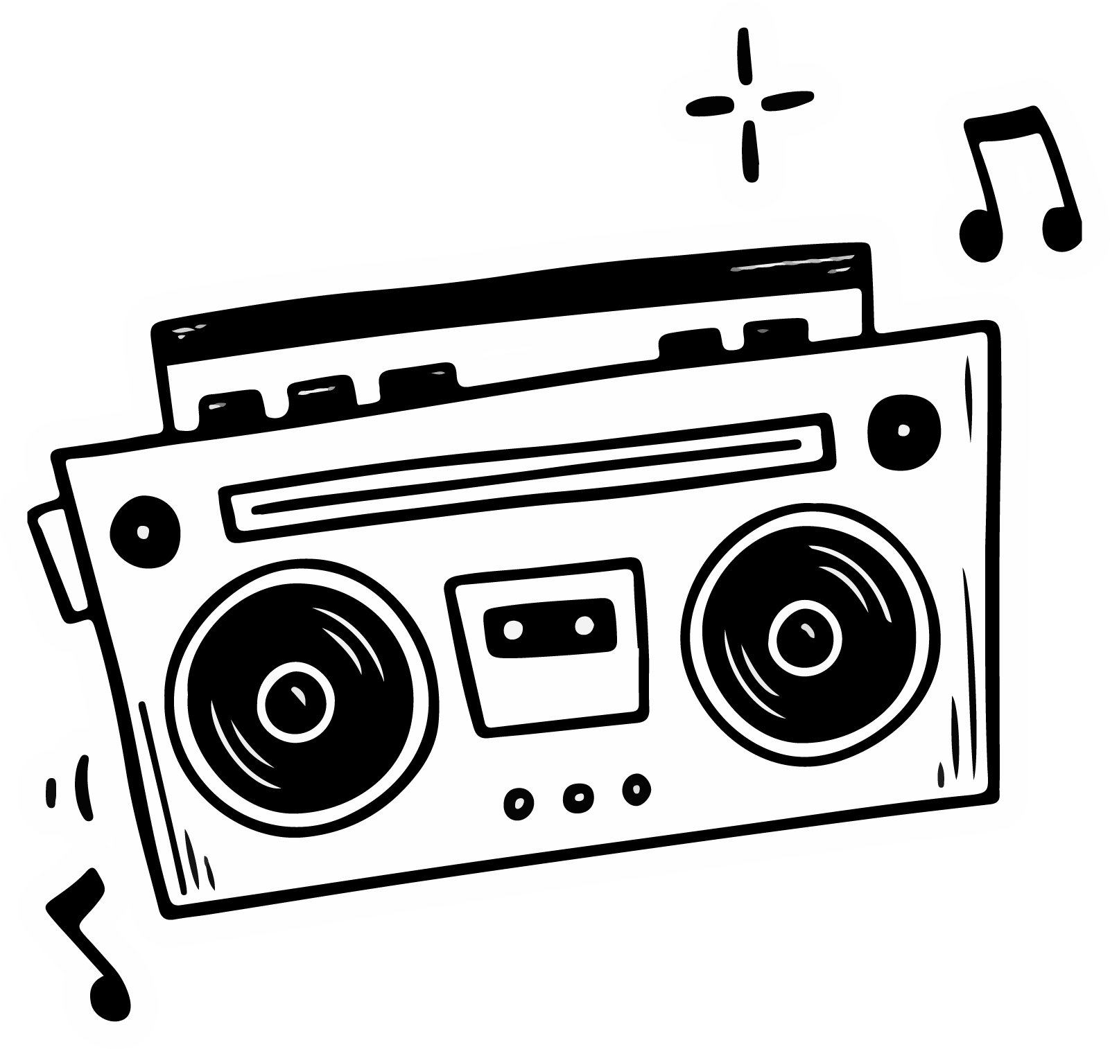 Black and white line drawing of a boombox with musical notes around it.