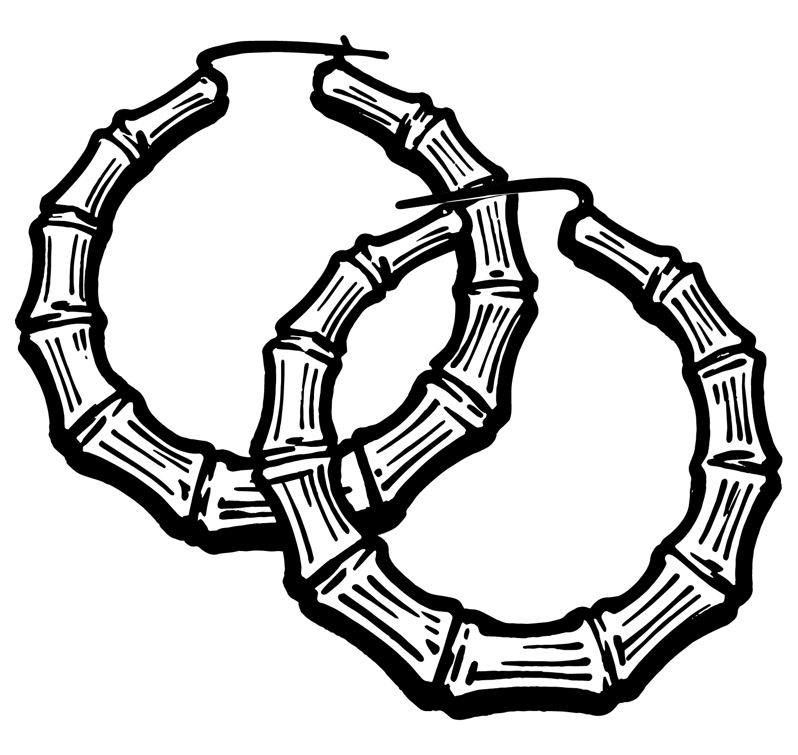 Black and white illustration of two bamboo hoop earrings with a textured surface, overlapping on a black background.