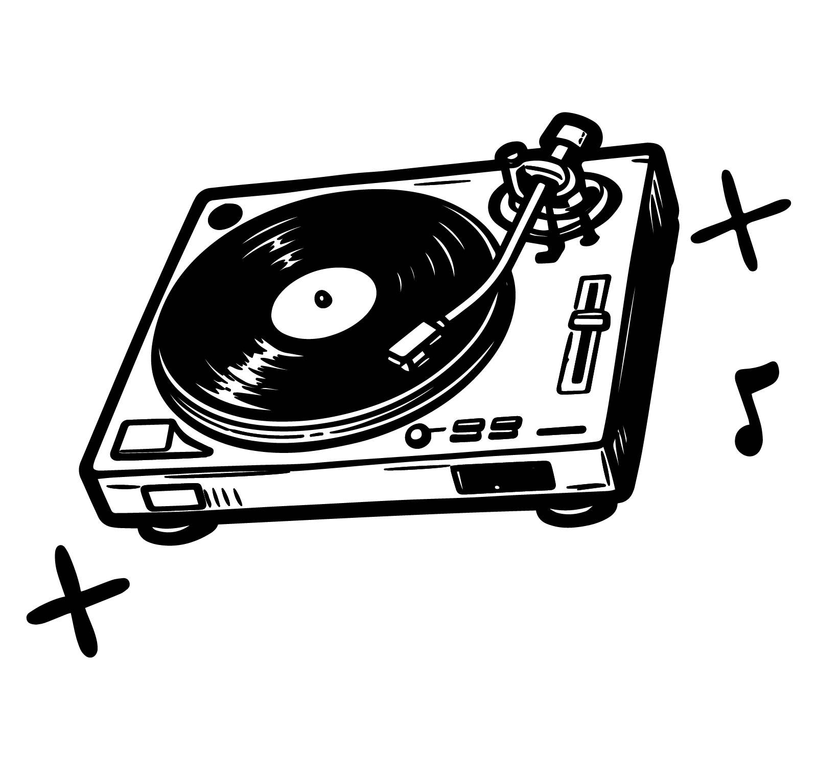 Black and white illustration of a turntable with a vinyl record spinning, surrounded by musical notes and decorative elements.