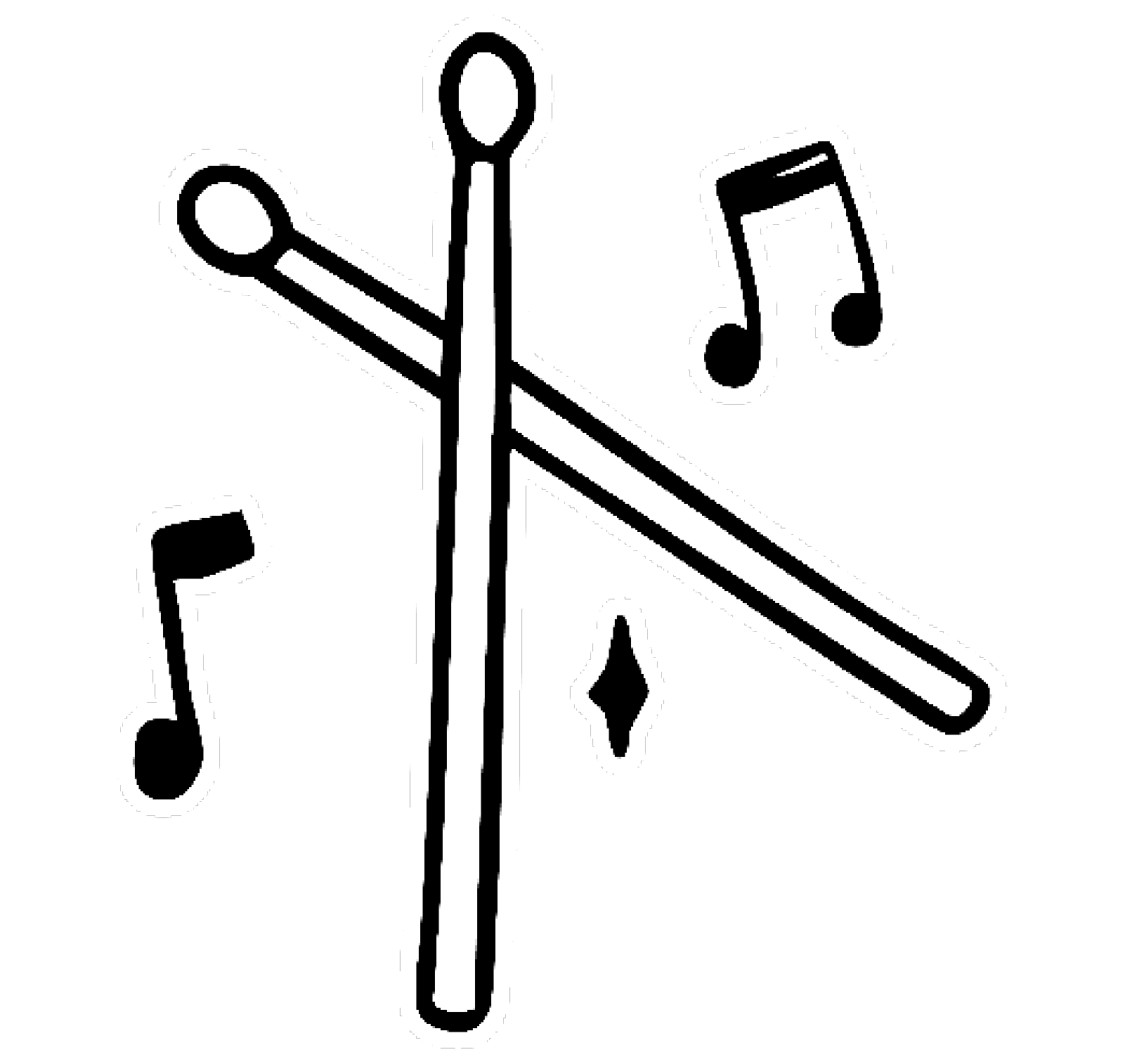 Outline of various musical instruments, including a clarinet and a fork, with musical notes.