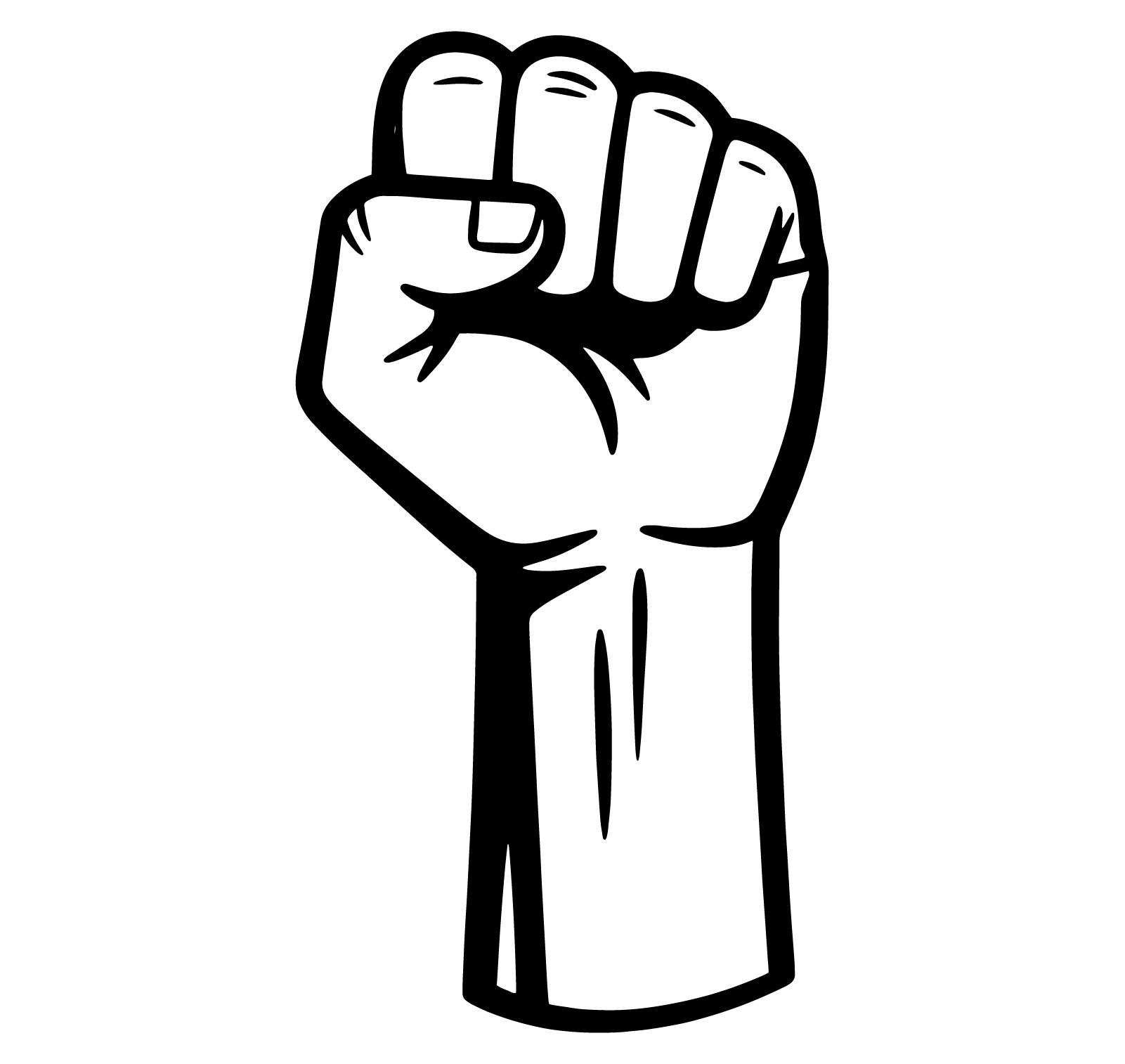 A black and white illustration of a raised fist with clenched fingers.