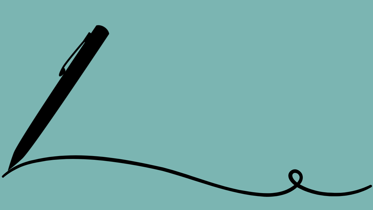An illustration of a pen and a curved line that resembles a written signature or cursive handwriting on a teal background.