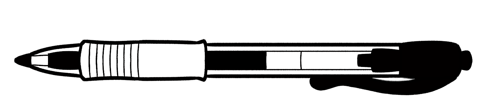 Black and white illustration of a ballpoint pen with a removable cap, a grip section, and a clip.