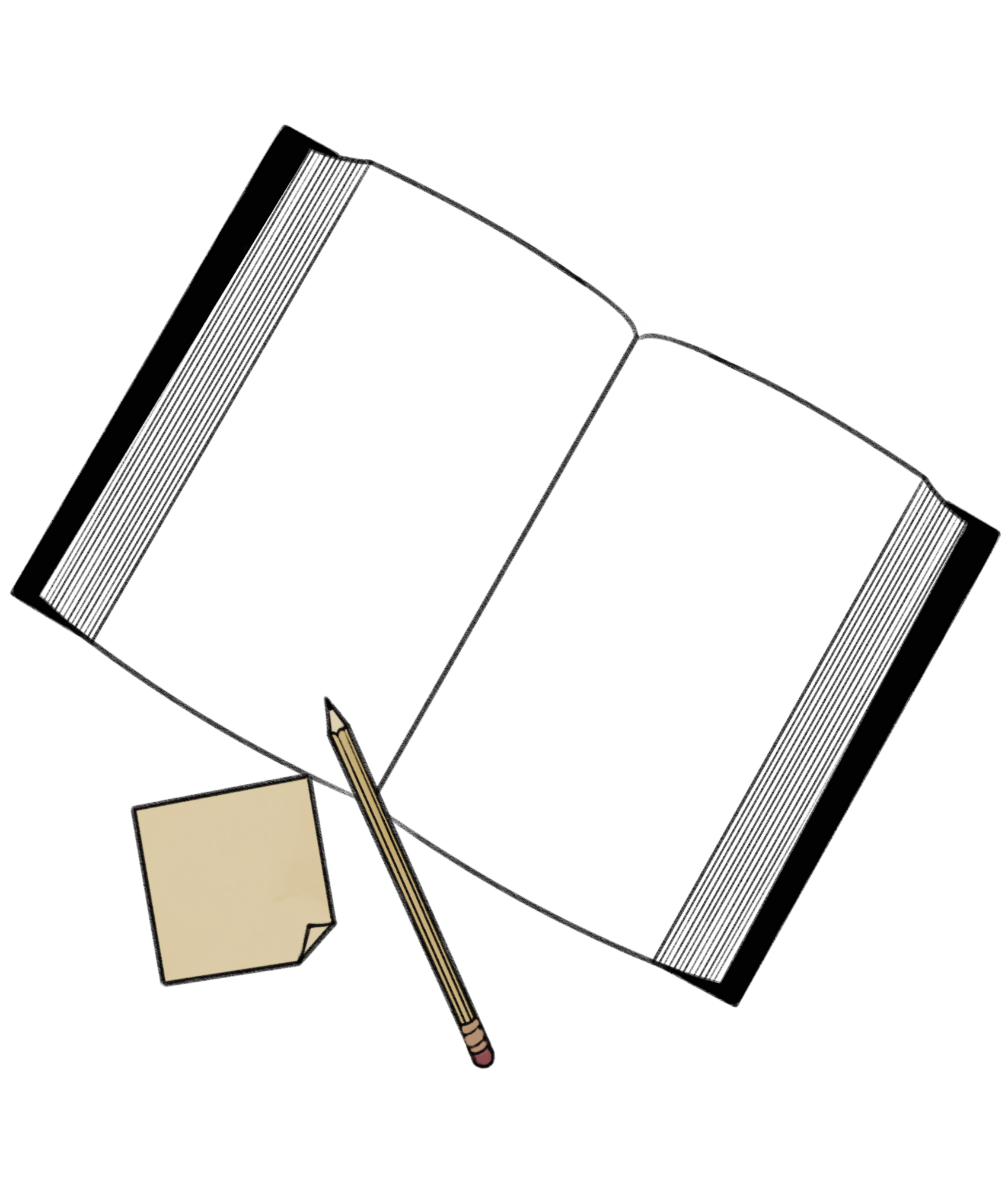 An open blank notebook with a pencil and a sticky note placed on a black background.
