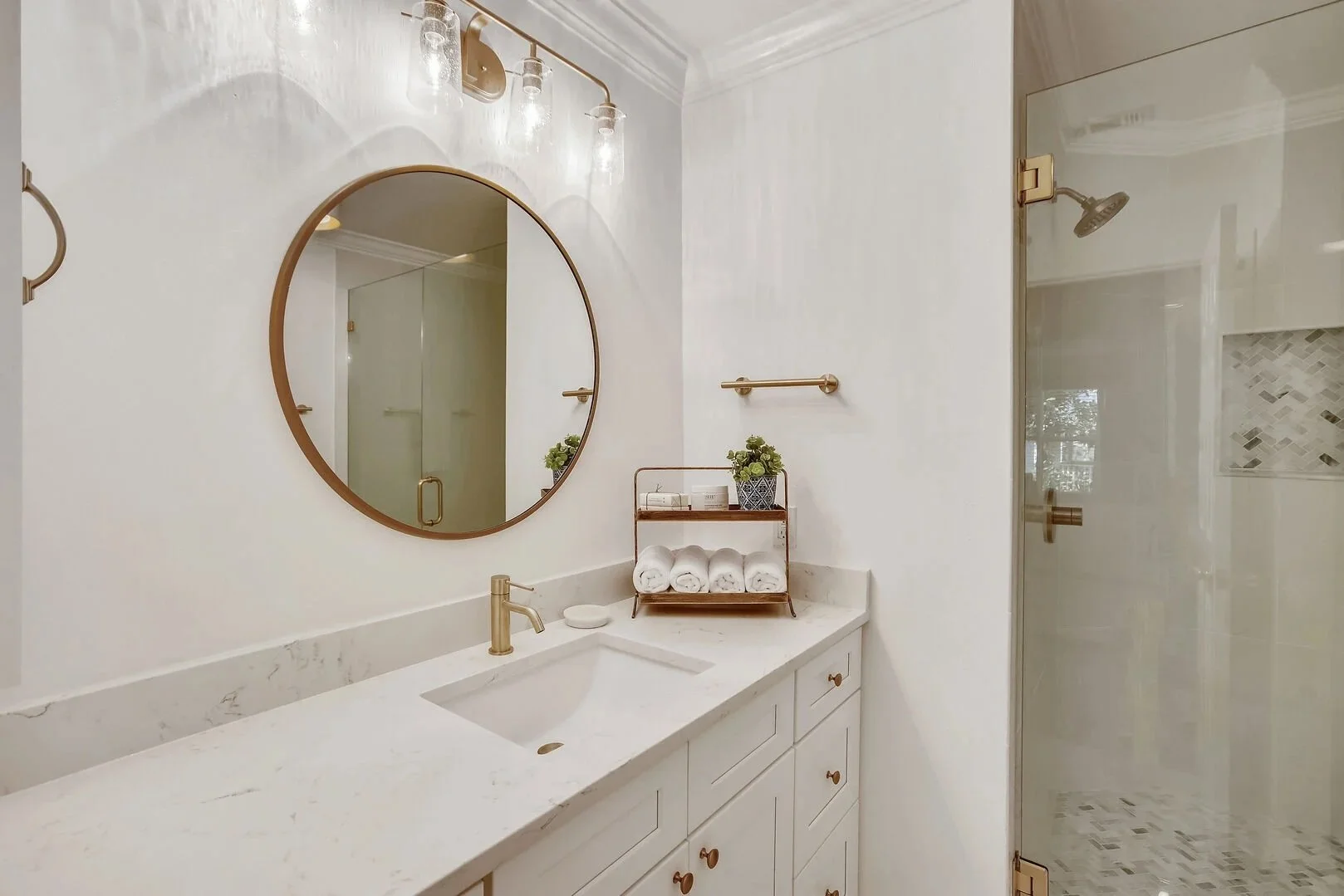 Primary Vanity and Shower After Renovation