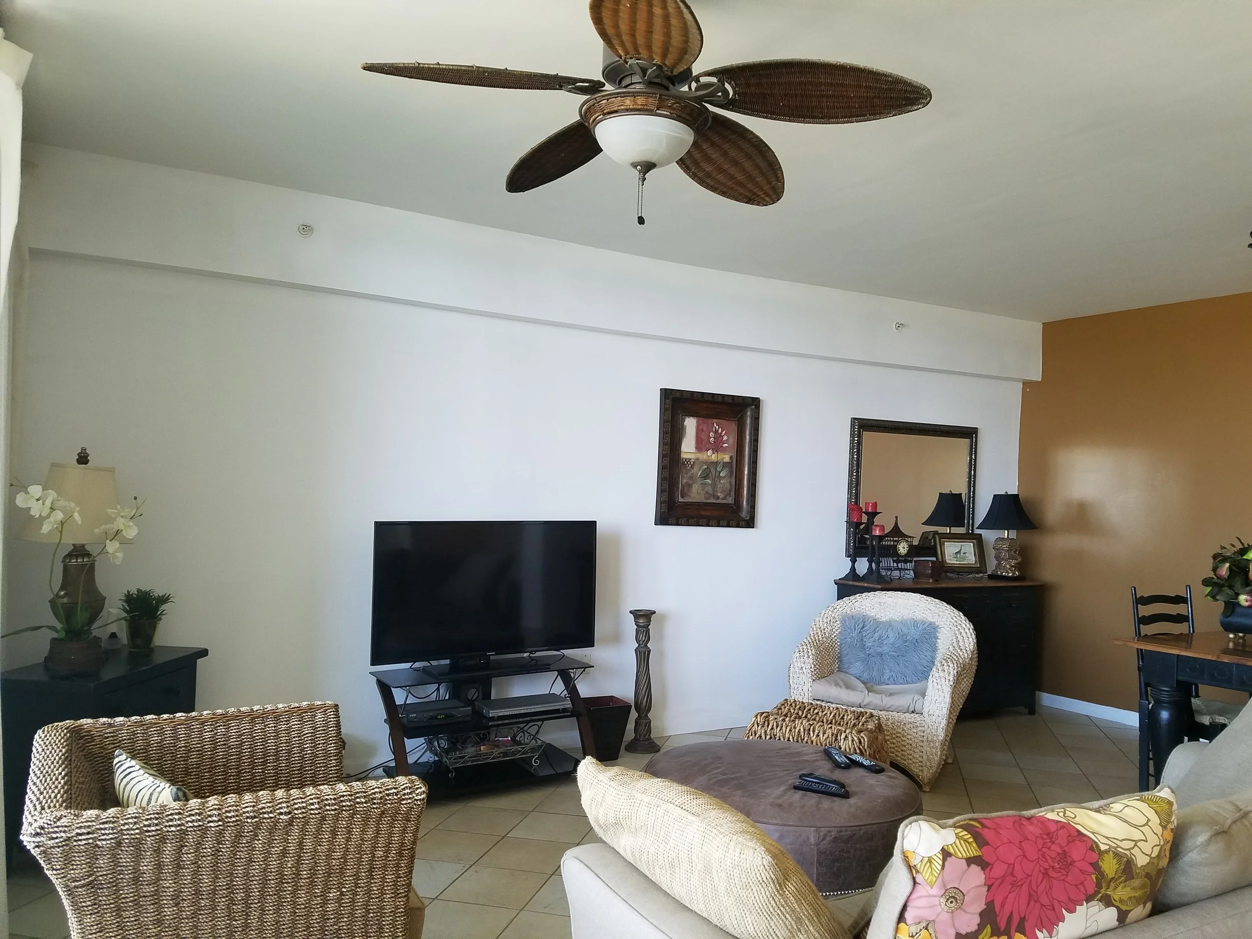 Living room with a ceiling fan, television, wicker chair with pillow, sofa with colorful floral pillow, side tables with lamps, framed pictures, and a brown wall.