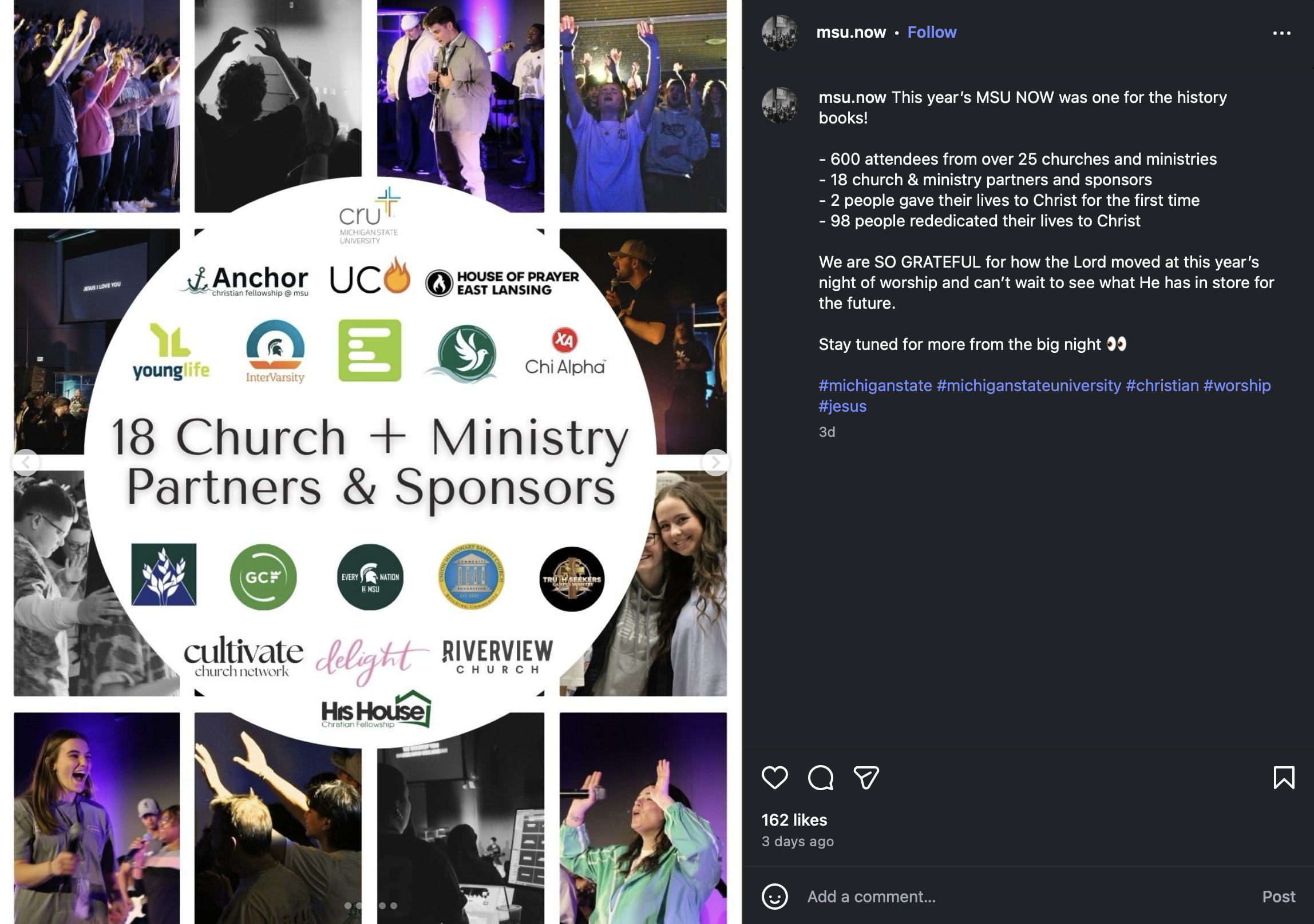 A collage of photos from a Christian worship event at Michigan State University with attendees, worship team, and logos of participating churches and organizations.