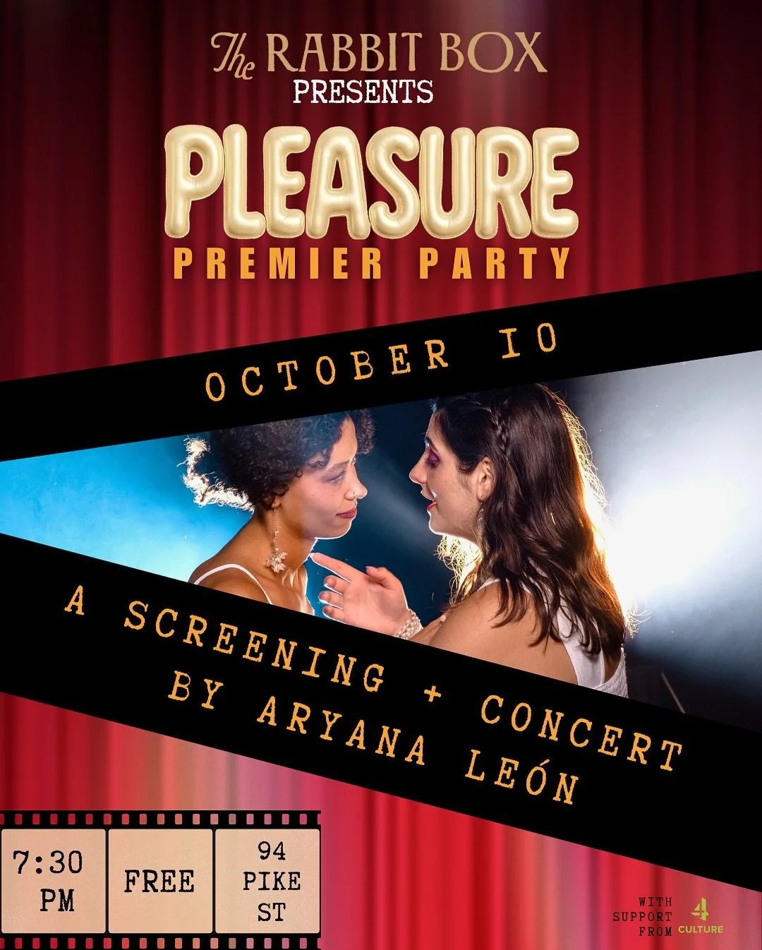 see you there seattle 💋

✨ You&rsquo;re invited to the PLEASURE PREMIER PARTY ✨

📅 Date: Friday, 10/10
🕢 Time: 7:30 PM
📍 Location: @rabbitboxtheatre, 94 Pike St

💸 Free entry!

What to expect: 
🎶 A live performance of PLEASURE, the EP
🎬 A scre