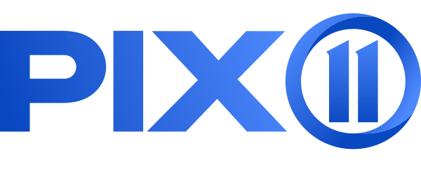 Pix11 news logo in blue with the number 11 inside a circle.