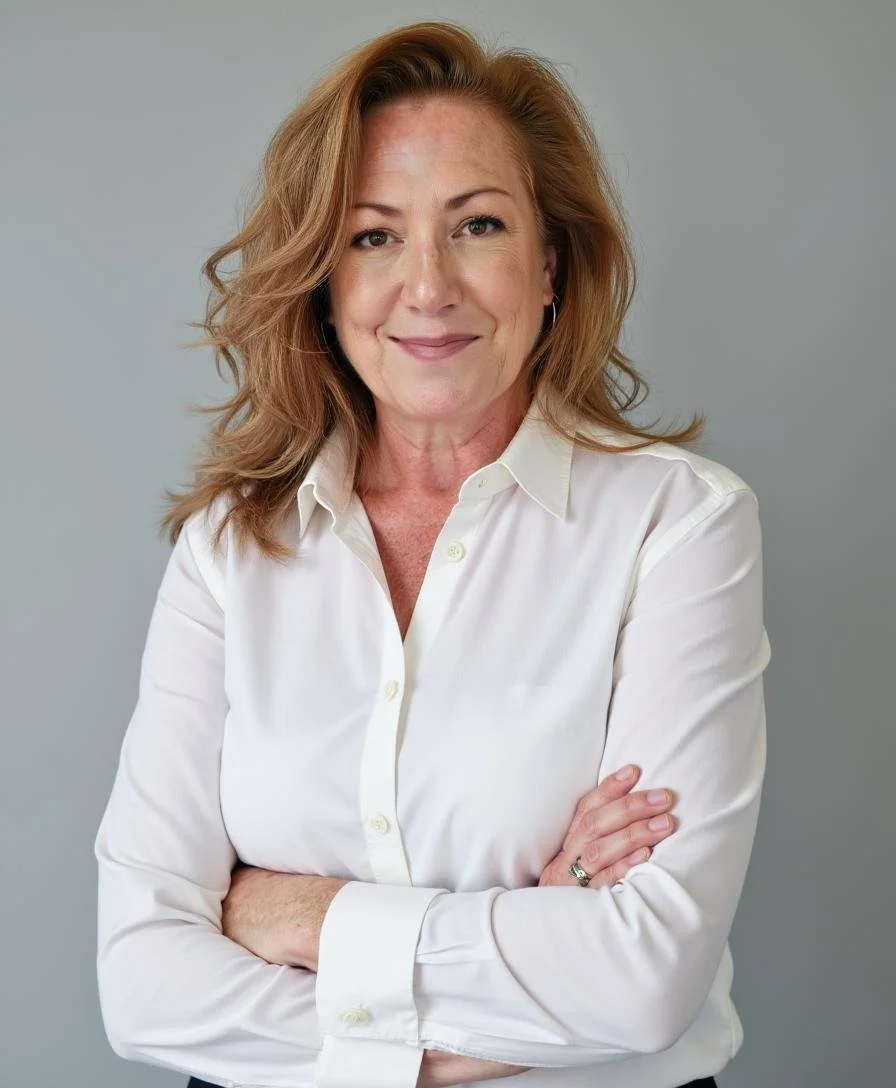 A middle-aged woman with red hair, smiling and arms crossed, wearing a white blouse against a plain gray background.