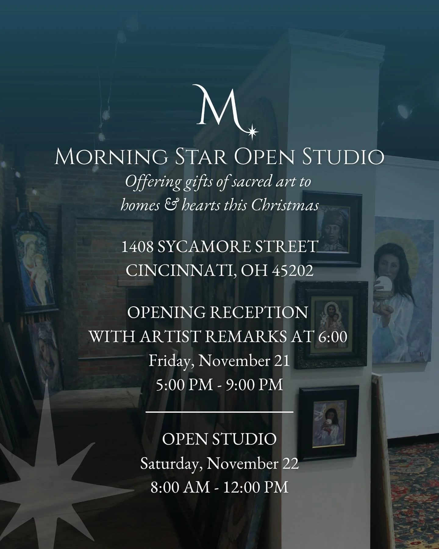Save the date for our upcoming Open Studio! Come and explore Morning Star Studio to find treasures and gifts for homes and hearts this Christmas.🎄🎁 If you have yet to encounter sacred art by @hollyschapker in this special space, you won't want to m