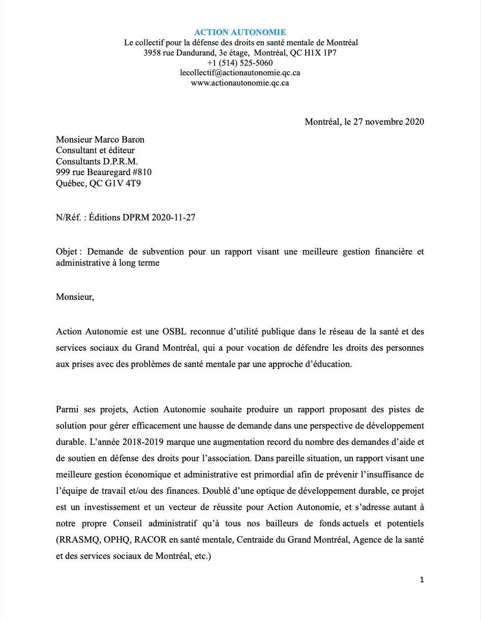 Demande de subvention pour l'OSBL Action Autonomie 1/2